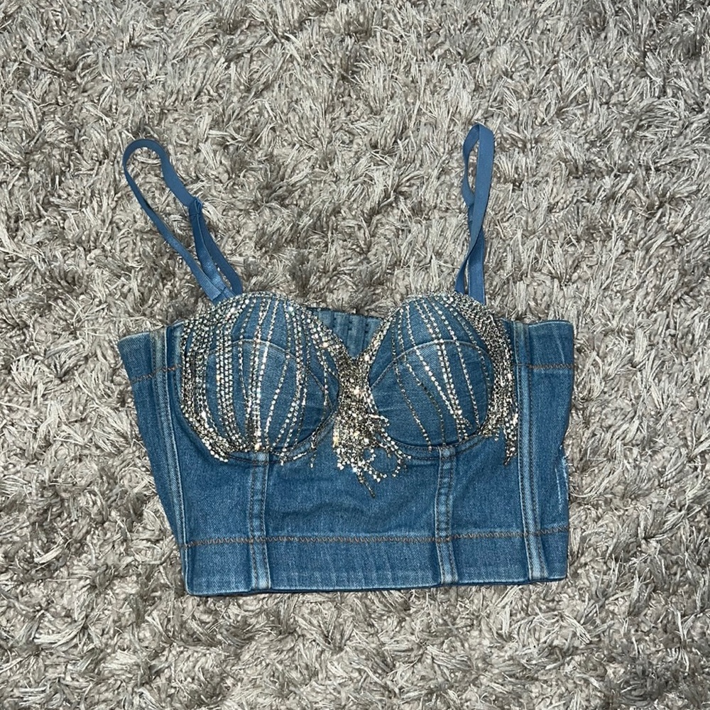 Denim rhinestone top